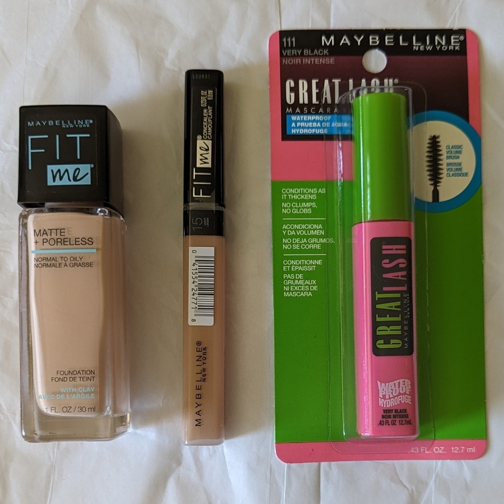 Maybelline: natural ivory foundation, light concealer, and very black wp mascara